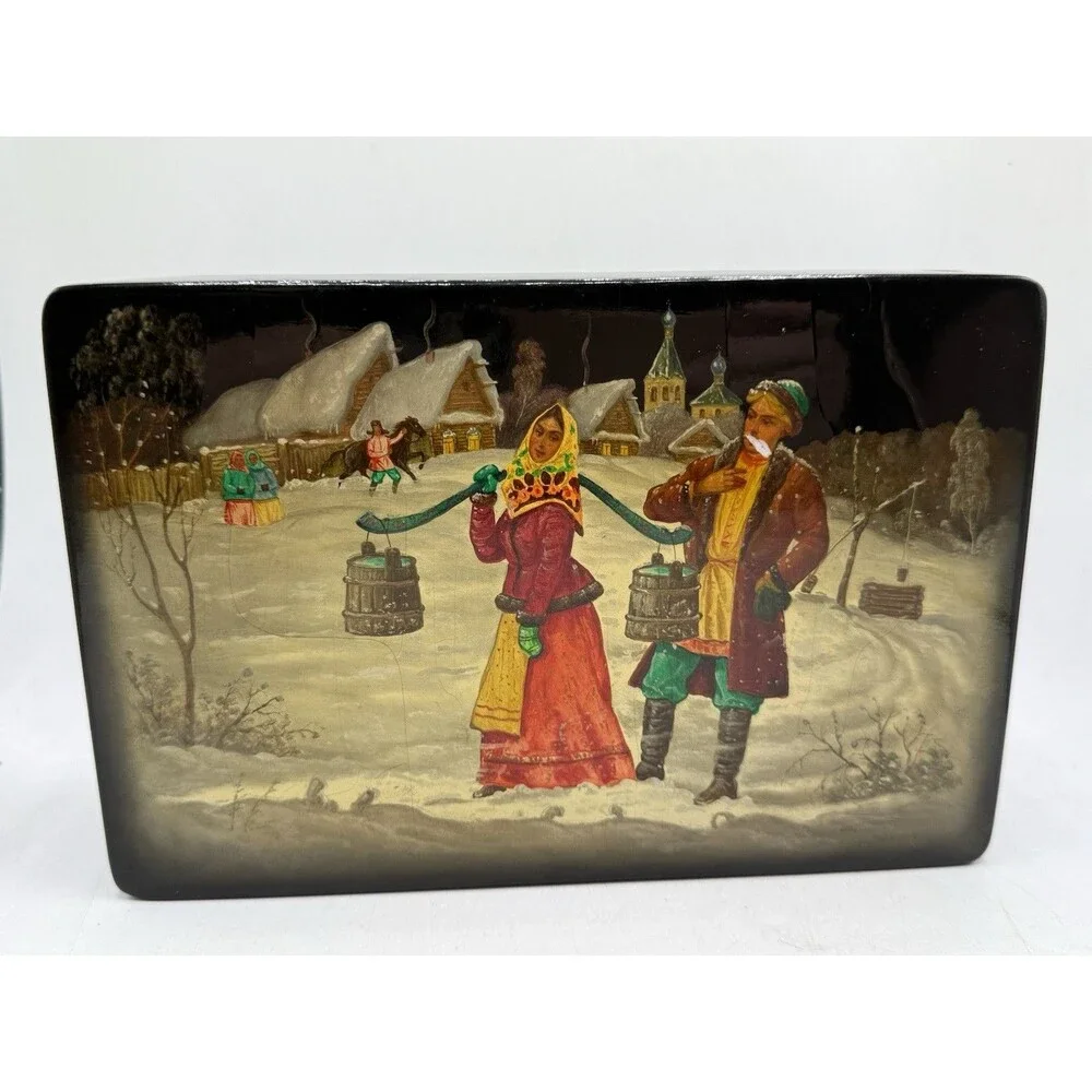 Vintage Fedoskino Russian Lacquer Box Peasant Lovers Winter Scene In The Snow